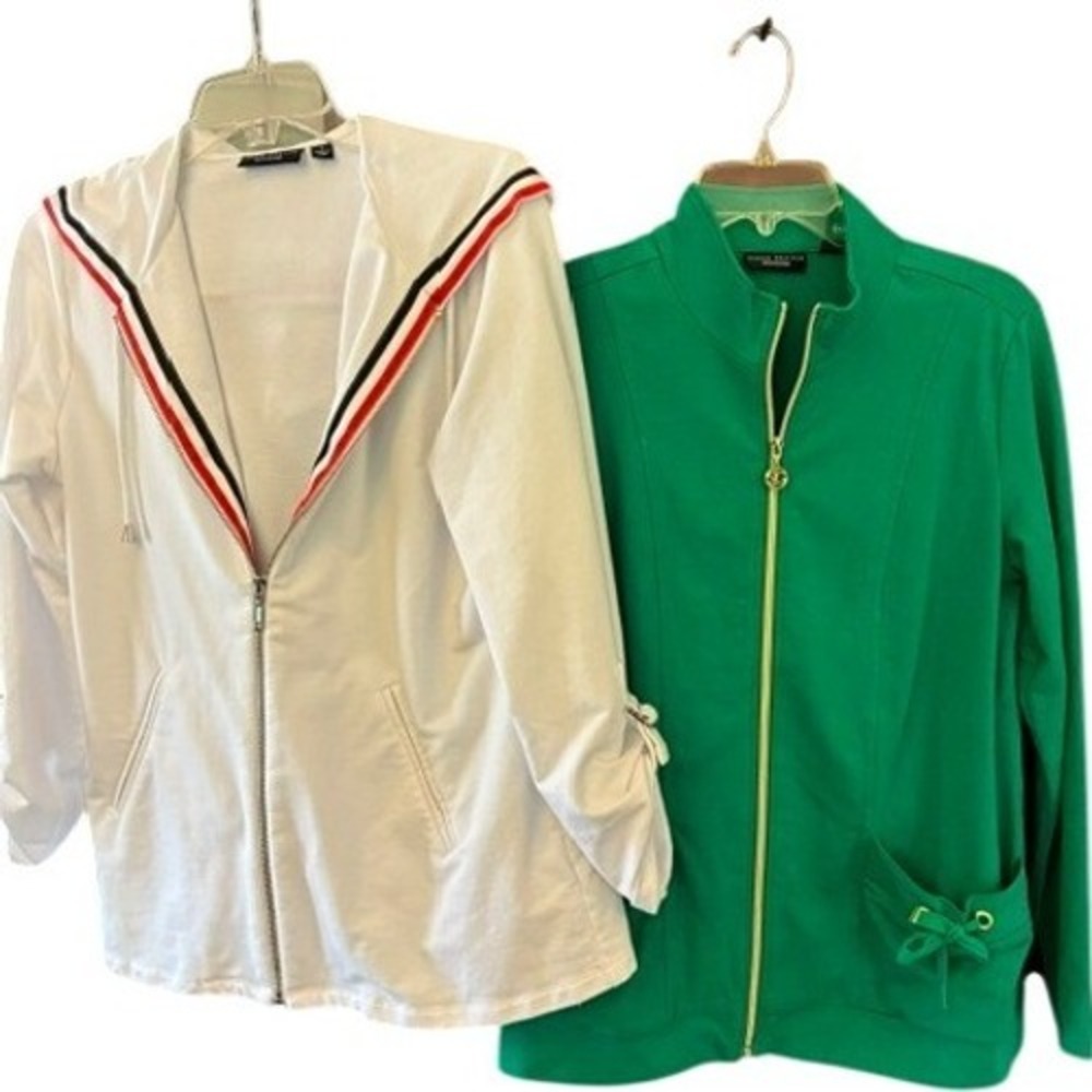 Susan Graver Weekend Jackets Womens S White Green Excellent 2 Pack Zip Up Set